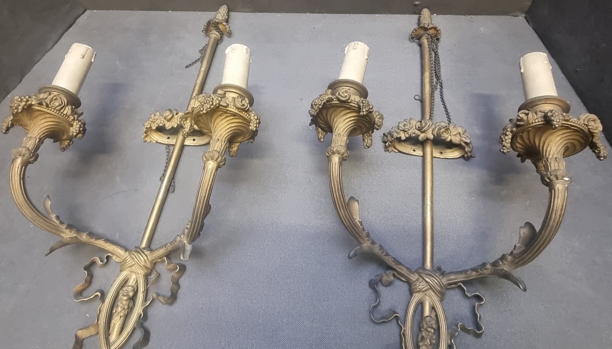 Pair Of Bronze Wall Sconces - 2-light - France, Early 1900s-photo-4