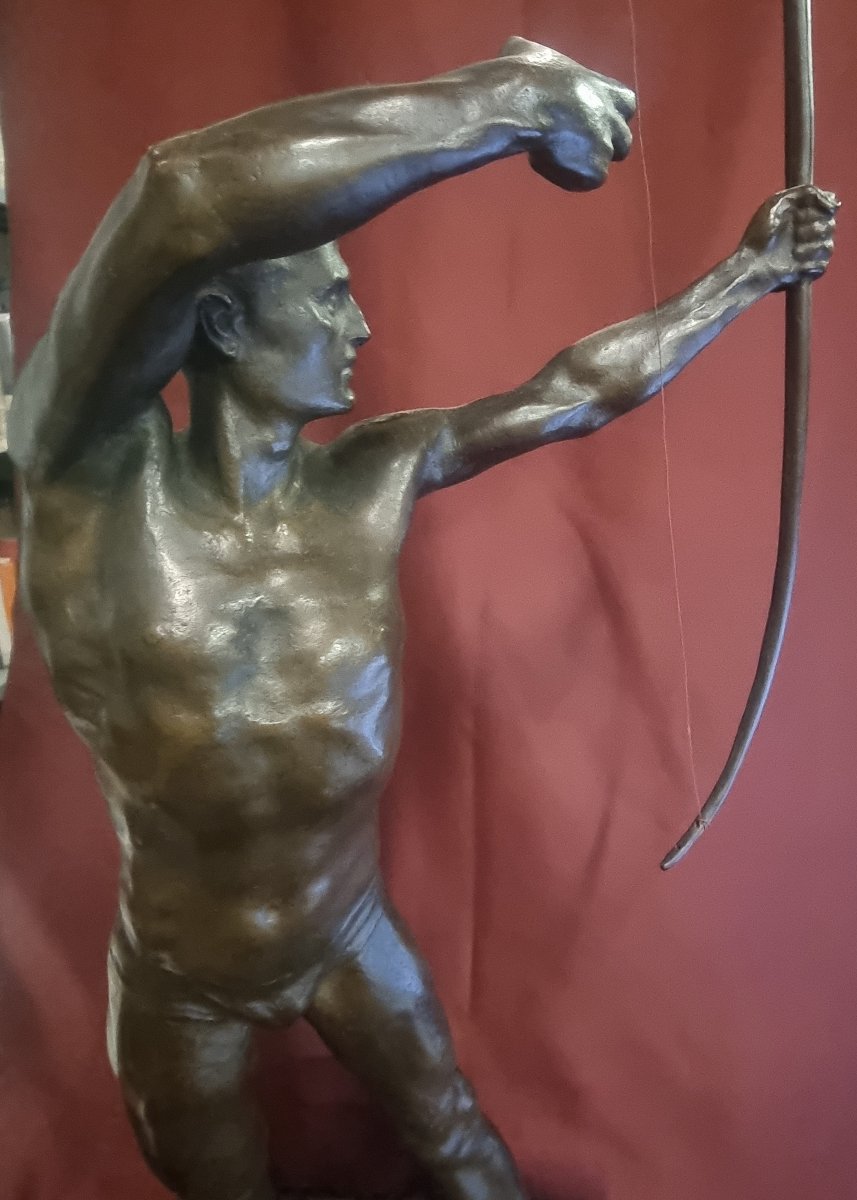 Bronze Sculpture On A Marble Base - Naked Man With A Bow - Giorgio Ceragioli (1861-1947)-photo-2