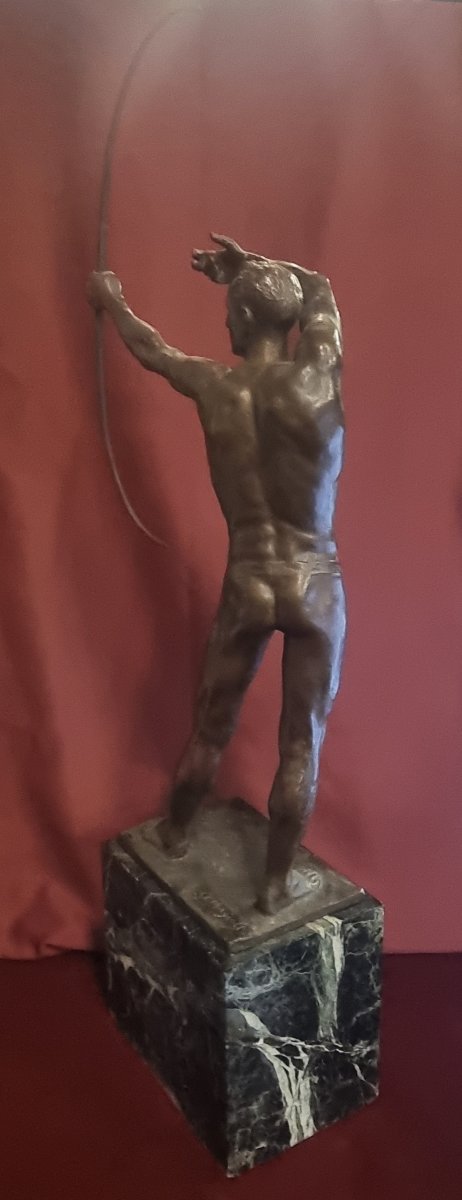 Bronze Sculpture On A Marble Base - Naked Man With A Bow - Giorgio Ceragioli (1861-1947)-photo-3