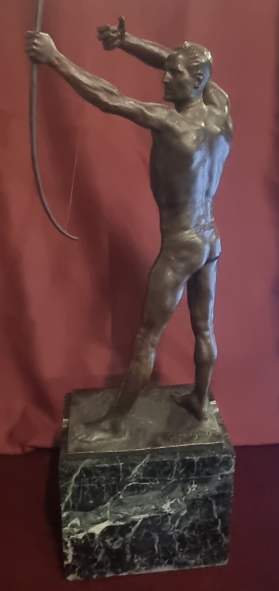 Bronze Sculpture On A Marble Base - Naked Man With A Bow - Giorgio Ceragioli (1861-1947)-photo-4