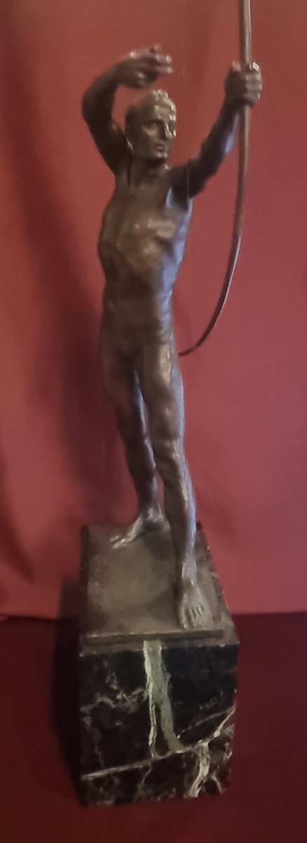 Bronze Sculpture On A Marble Base - Naked Man With A Bow - Giorgio Ceragioli (1861-1947)-photo-2