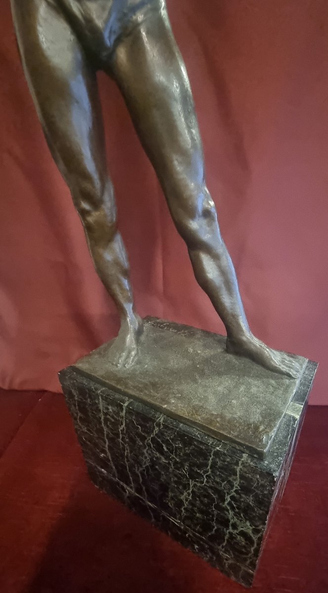 Bronze Sculpture On A Marble Base - Naked Man With A Bow - Giorgio Ceragioli (1861-1947)-photo-3