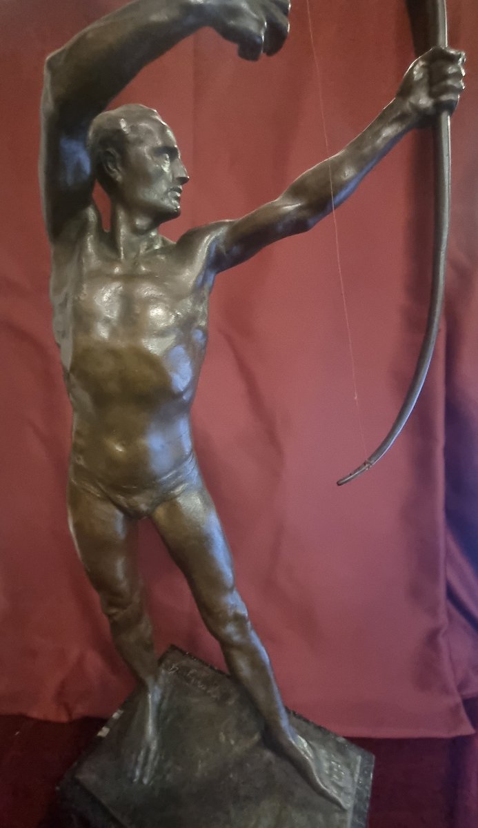 Bronze Sculpture On A Marble Base - Naked Man With A Bow - Giorgio Ceragioli (1861-1947)-photo-4