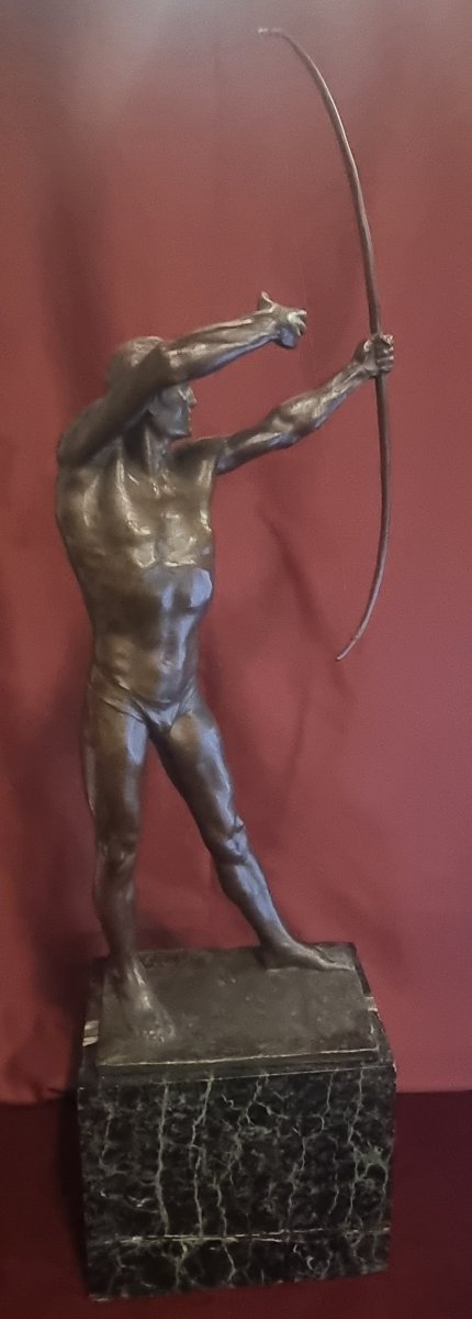 Bronze Sculpture On A Marble Base - Naked Man With A Bow - Giorgio Ceragioli (1861-1947)