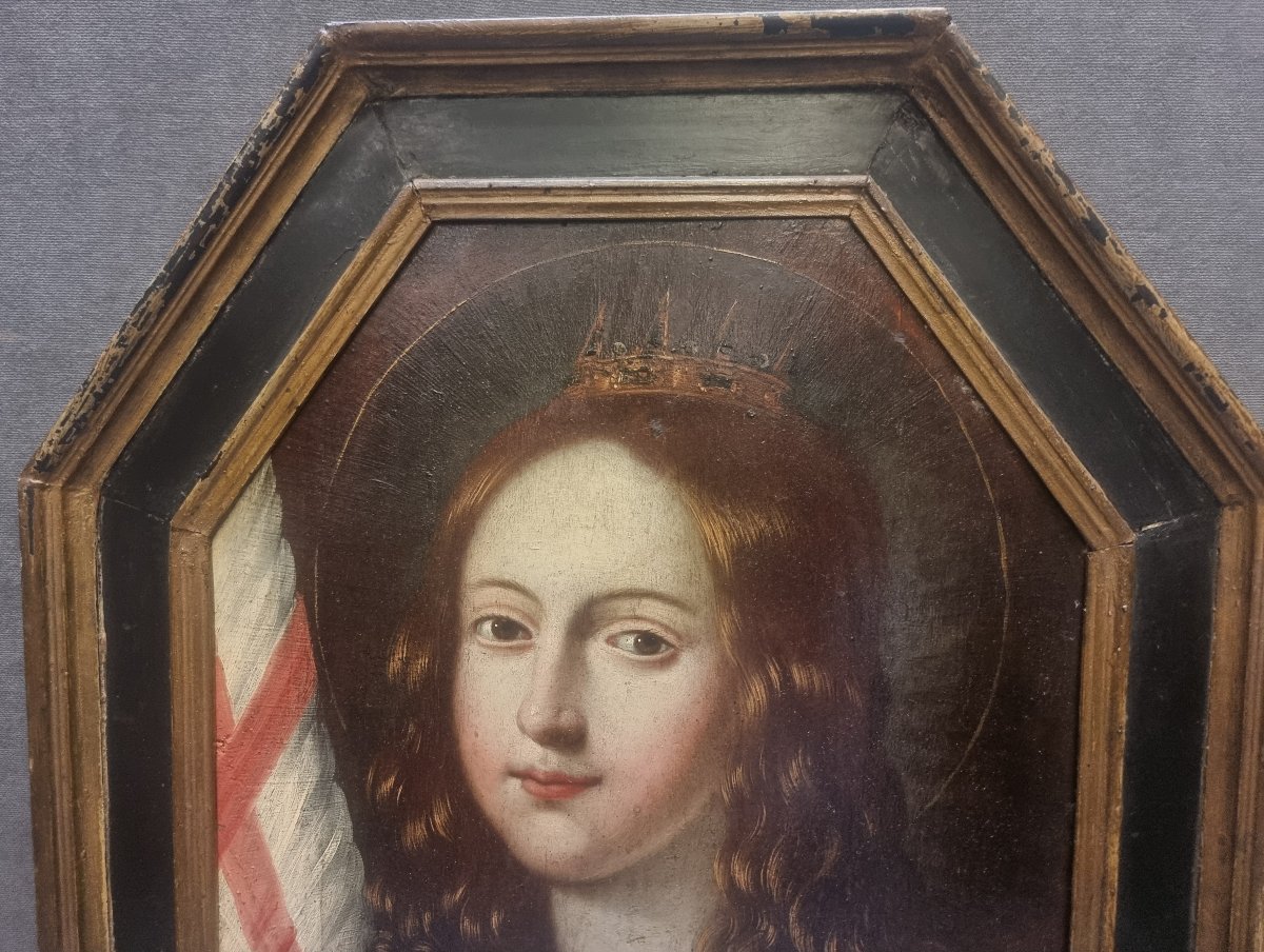 Huile sur panneau octogonale - Portrait de Jeanne d'Arc ? - Daté 1778 -photo-1