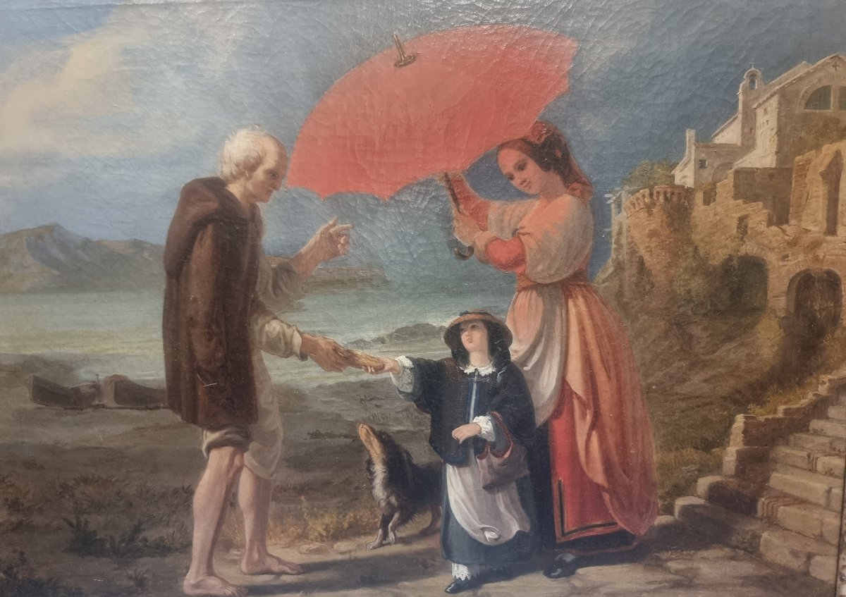 Peinture à l'huile sur toile - Scène de genre - Naples, première moitié du XIXe siècle-photo-2
