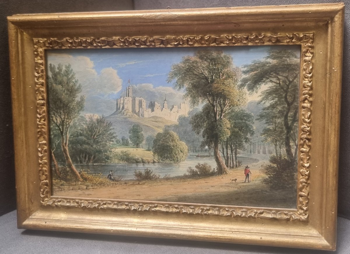  Aquarelle représentant un paysage d'Italie centrale - XIXe siècle - Cadre doré