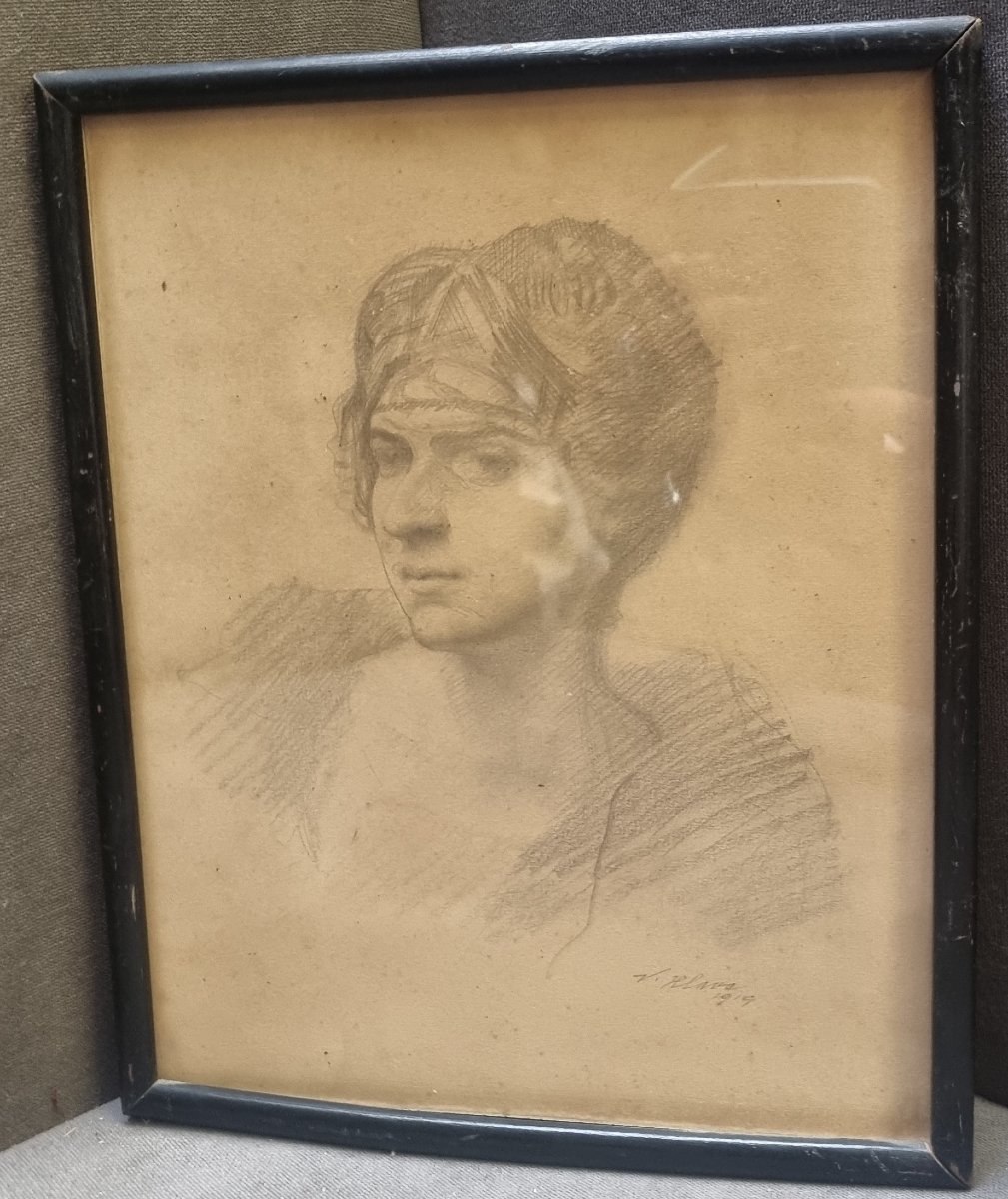 Dessin au crayon - Portrait de femme - Vratislav Hlava (1874-1955)-photo-4