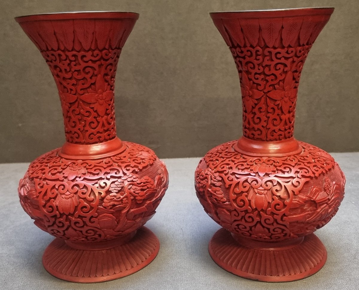 Pair Of Chinese Vases In Red-lacquered Brass - 1970s-photo-2