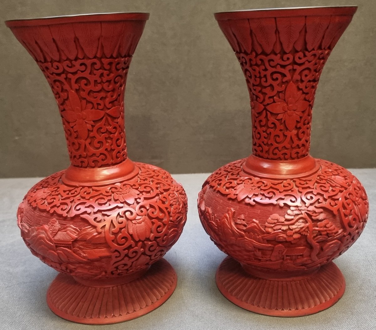 Pair Of Chinese Vases In Red-lacquered Brass - 1970s-photo-2