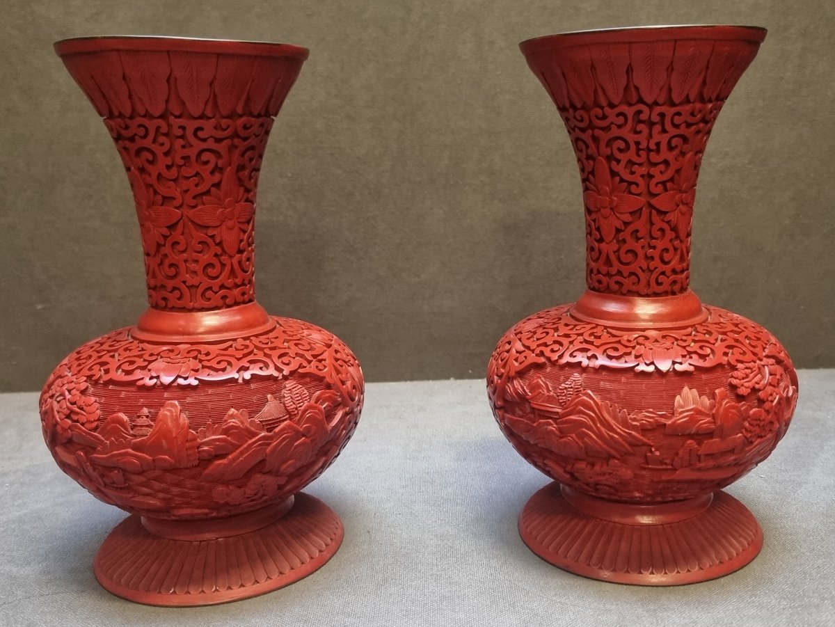 Pair Of Chinese Vases In Red-lacquered Brass - 1970s