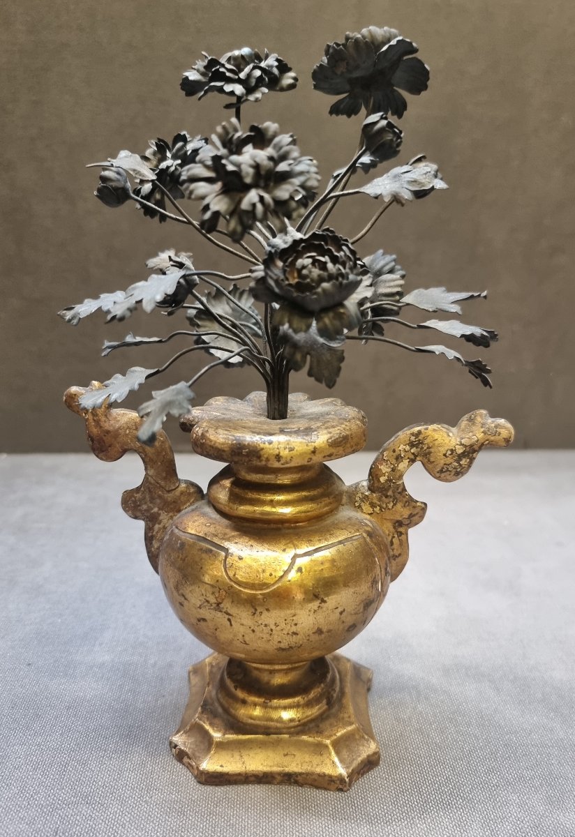 Silver-plated Wooden Vase From Mecca With Silver Flowers - Late 18th Century-photo-3