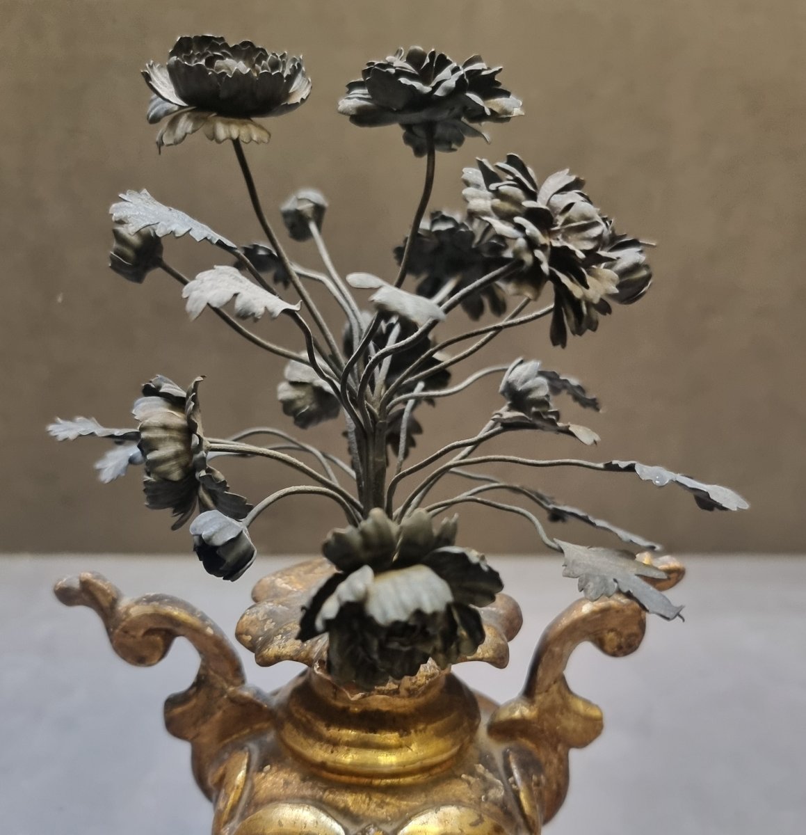 Silver-plated Wooden Vase From Mecca With Silver Flowers - Late 18th Century-photo-4