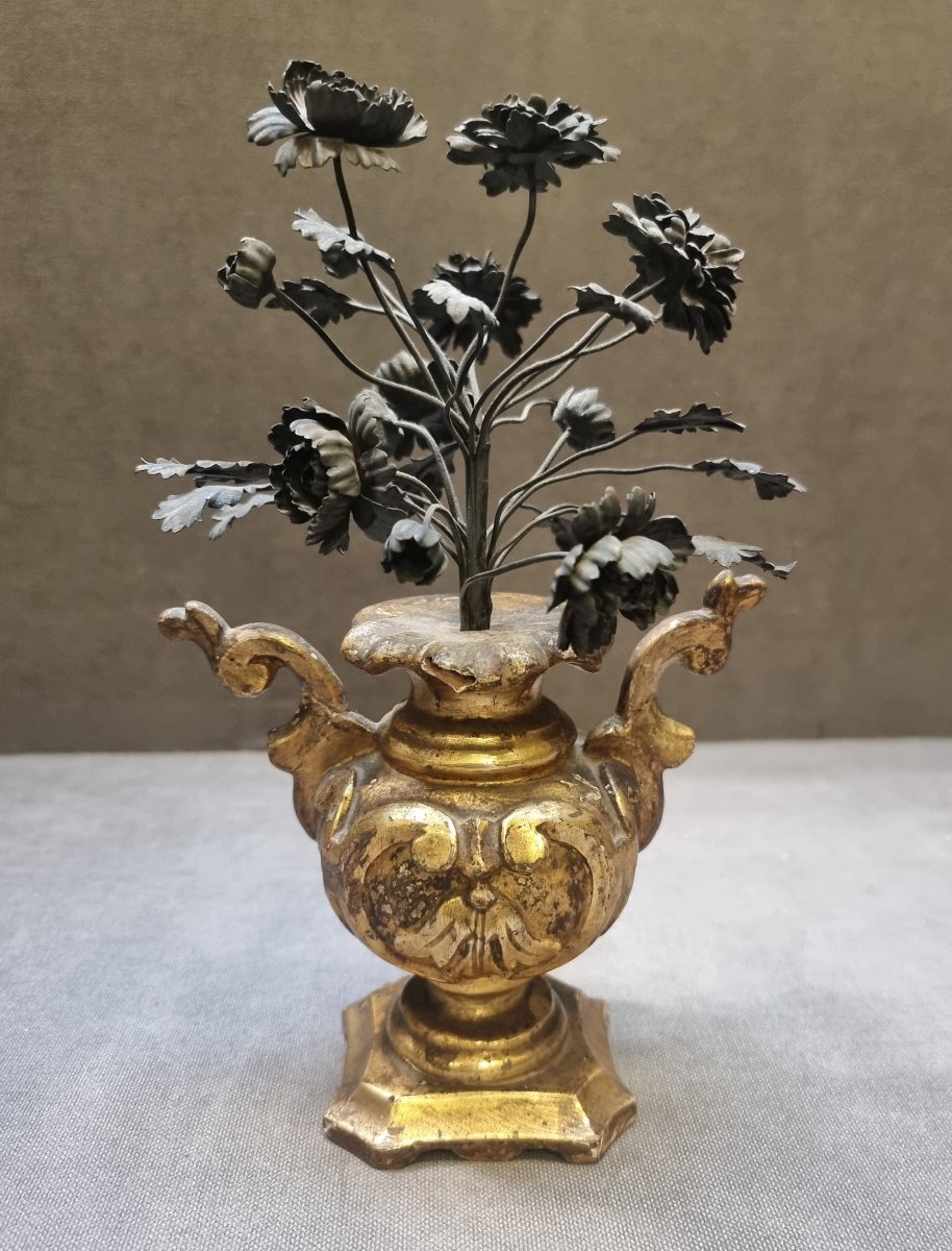Silver-plated Wooden Vase From Mecca With Silver Flowers - Late 18th Century