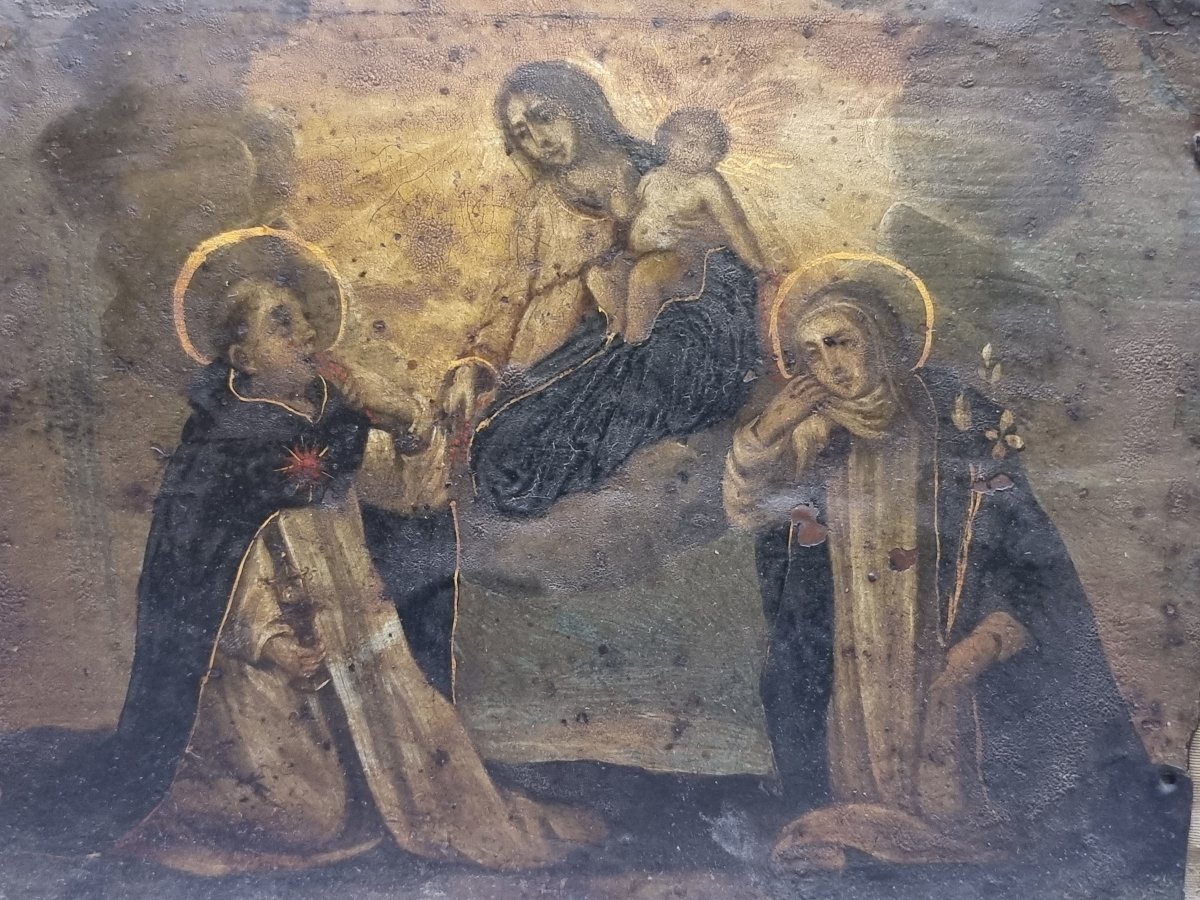 Peinture à l'huile sur cuivre représentant des saints ainsi que la Vierge à l'Enfant-photo-2