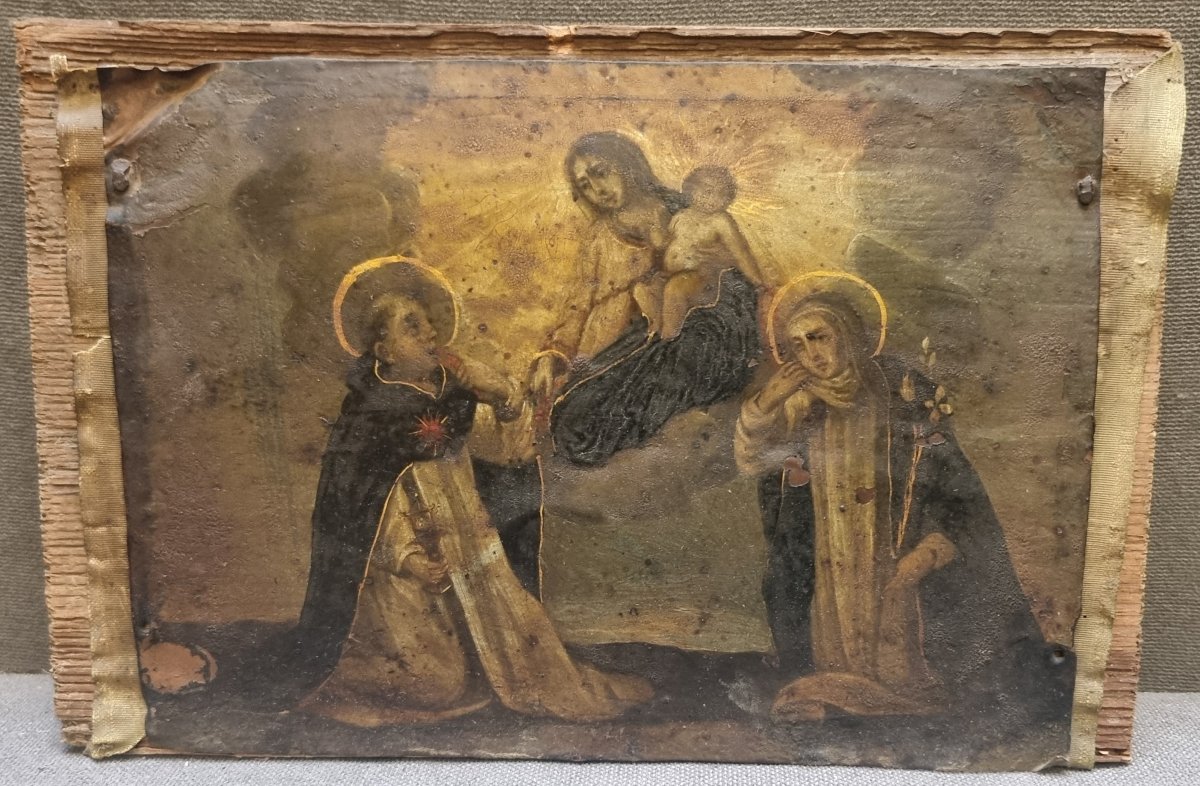 Peinture à l'huile sur cuivre représentant des saints ainsi que la Vierge à l'Enfant
