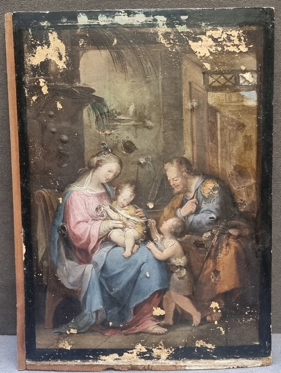 Huile sur papier marouflé sur panneau – La Sainte Famille  Saint Jean – Italie