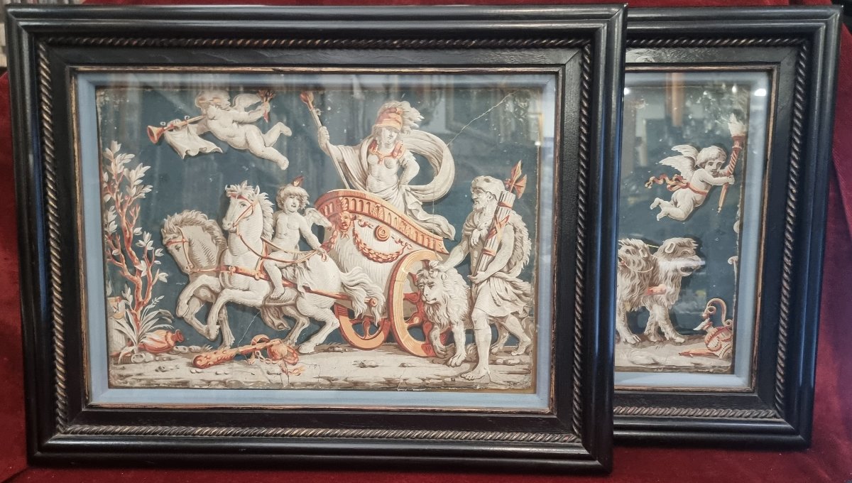 Pair Of Tempera Paintings - Paper Mounted On Cardboard - Neoclassical - Second Half Of The 18th Century