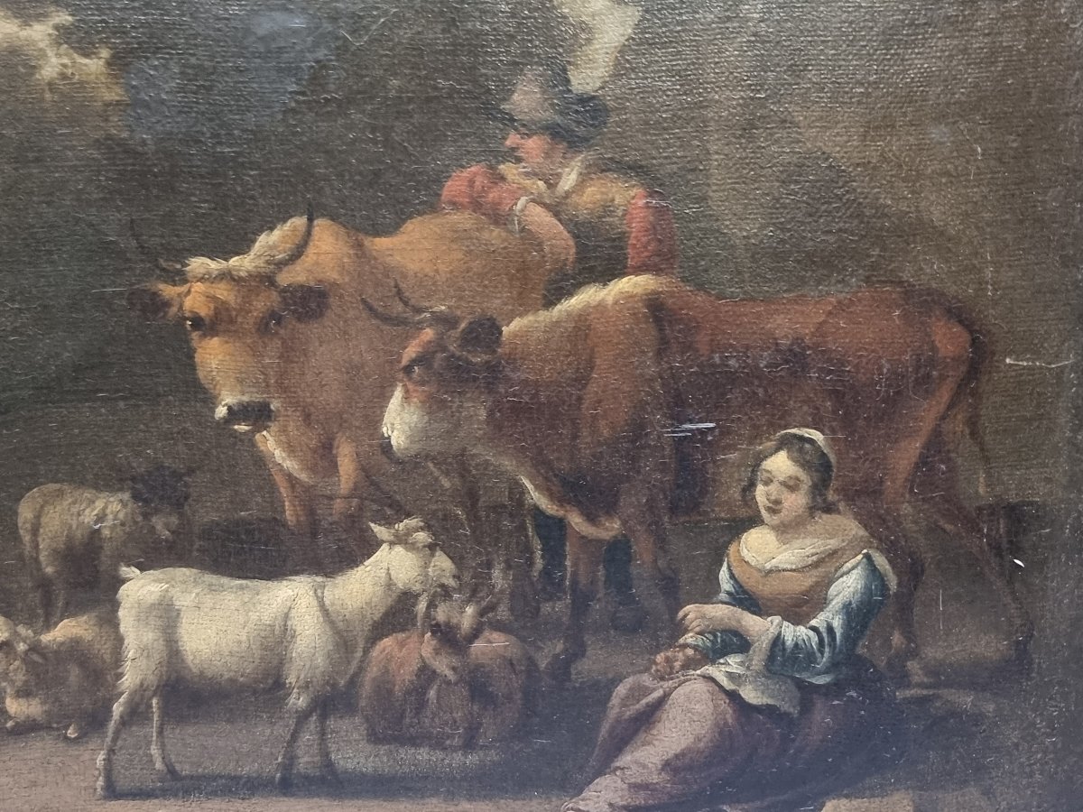 Oil On Canvas - Landscape With Animals And Figures - Fiammingo - Second Half Of The 17th Century-photo-2