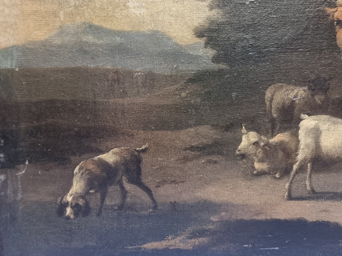 Oil On Canvas - Landscape With Animals And Figures - Fiammingo - Second Half Of The 17th Century-photo-3