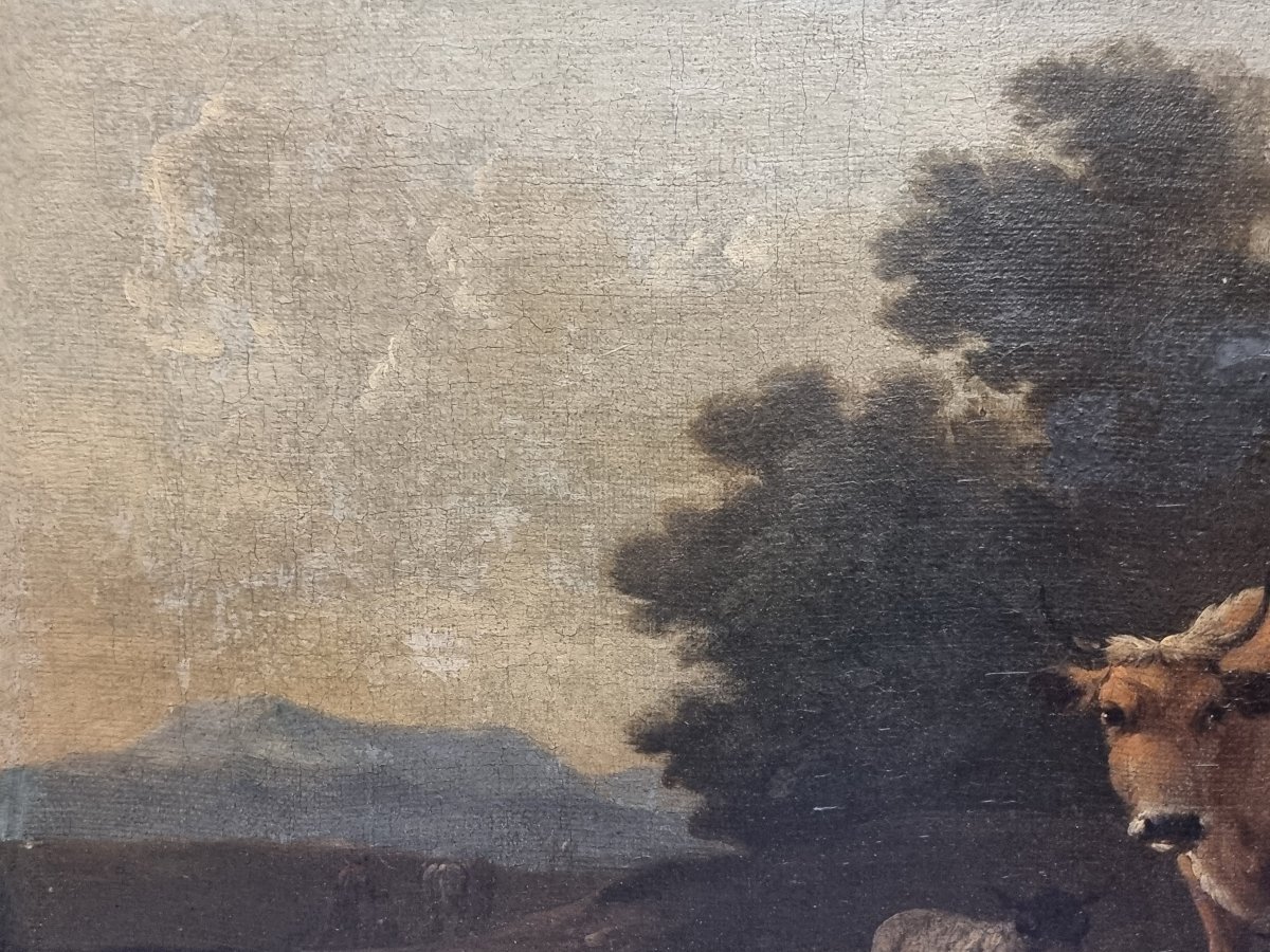 Oil On Canvas - Landscape With Animals And Figures - Fiammingo - Second Half Of The 17th Century-photo-4