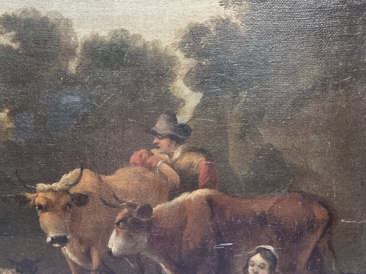Oil On Canvas - Landscape With Animals And Figures - Fiammingo - Second Half Of The 17th Century-photo-1