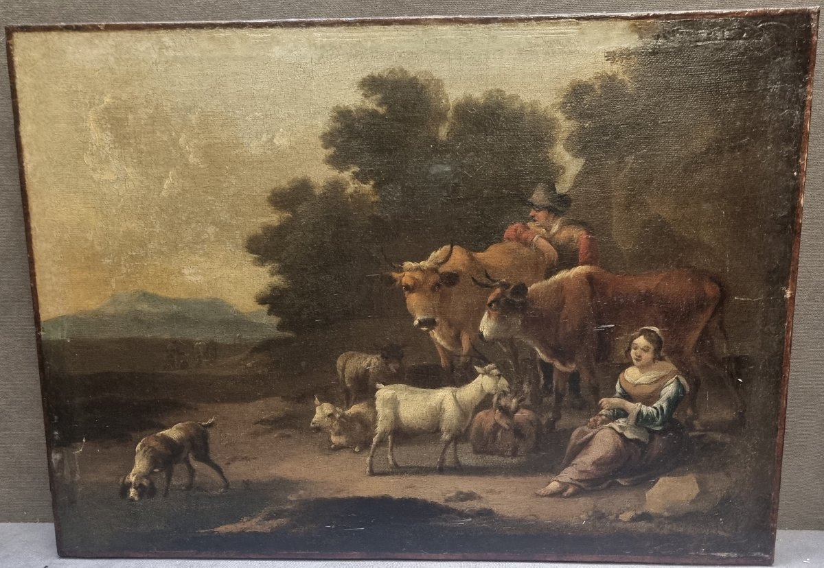 Oil On Canvas - Landscape With Animals And Figures - Fiammingo - Second Half Of The 17th Century