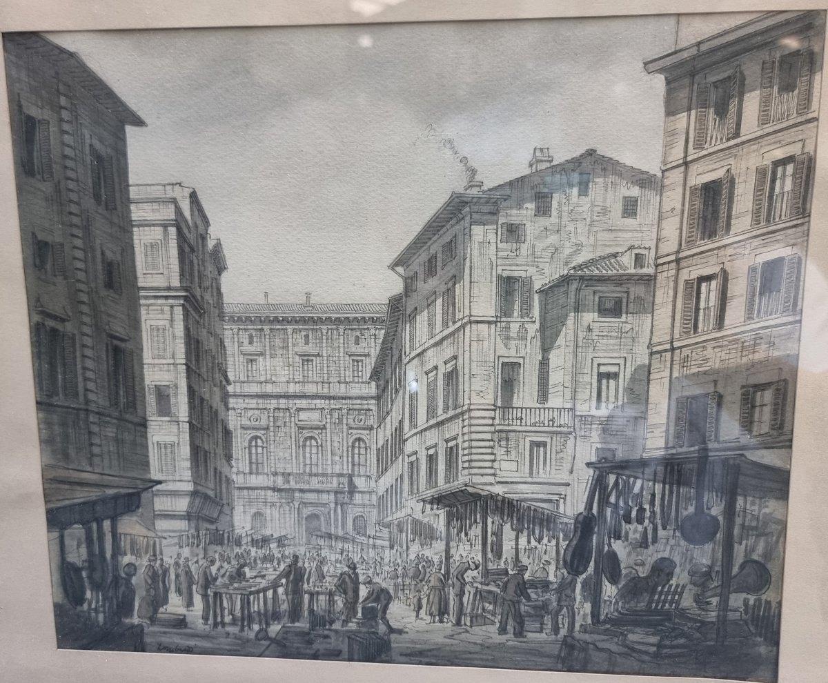 Watercolor Of Rome, Piazza Della Cancelleria - 1930s-photo-2