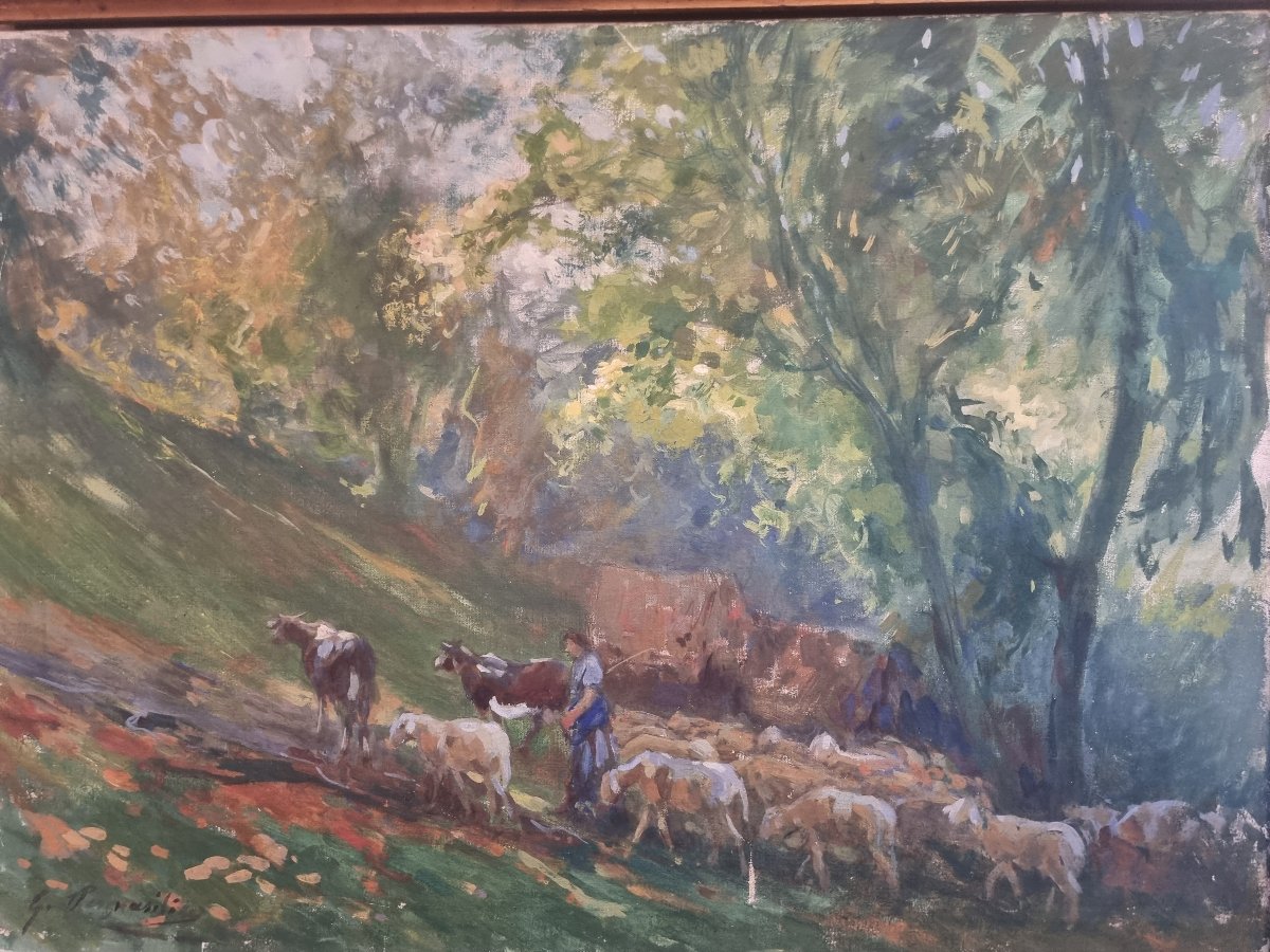 Huile sur toile - Paysage avec troupeau - Giuseppe Pennasilico (Naples 1861 - Gênes 1940)-photo-2
