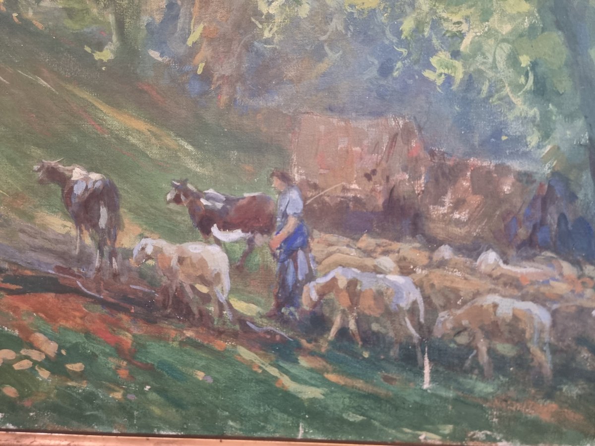 Huile sur toile - Paysage avec troupeau - Giuseppe Pennasilico (Naples 1861 - Gênes 1940)-photo-4