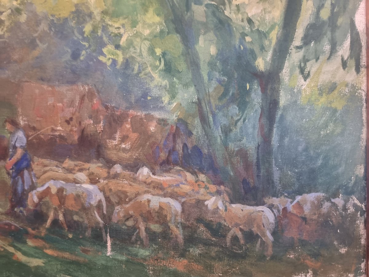 Huile sur toile - Paysage avec troupeau - Giuseppe Pennasilico (Naples 1861 - Gênes 1940)-photo-1