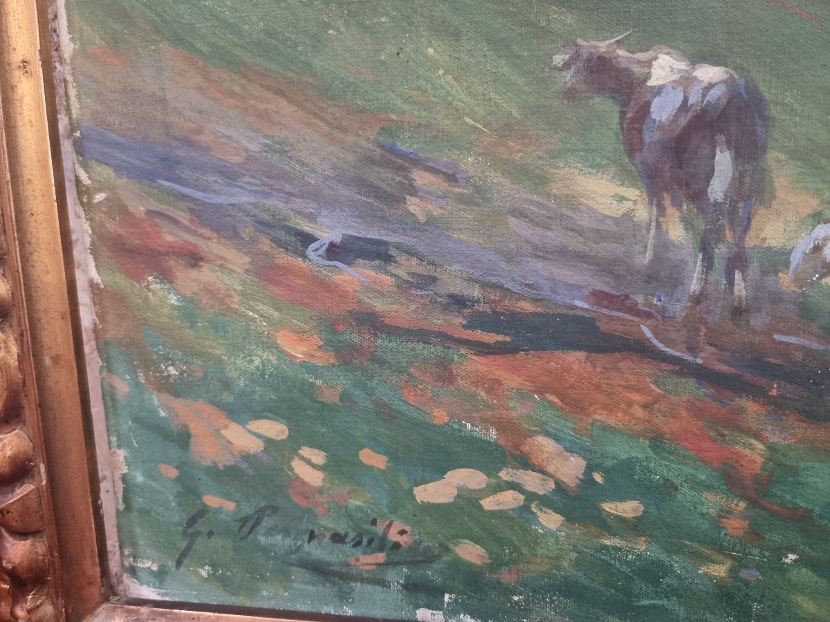 Huile sur toile - Paysage avec troupeau - Giuseppe Pennasilico (Naples 1861 - Gênes 1940)-photo-5