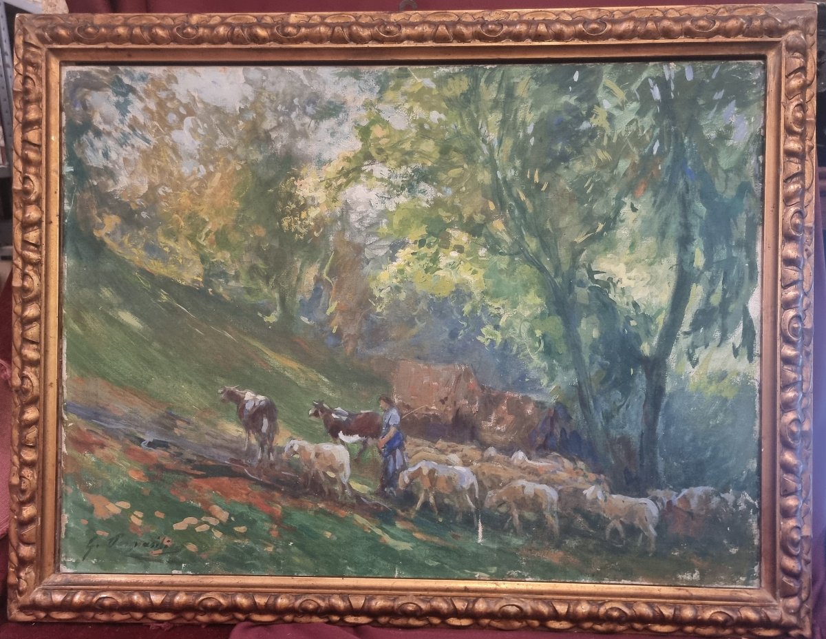 Huile sur toile - Paysage avec troupeau - Giuseppe Pennasilico (Naples 1861 - Gênes 1940)
