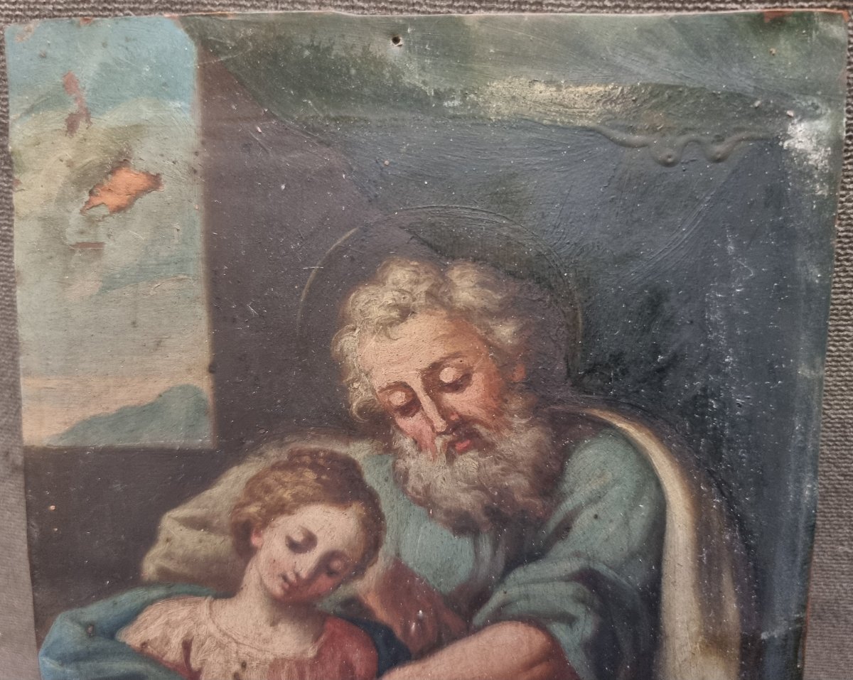 Peinture Huile sur Cuivre - Saint Joseph et l'Enfant Jésus – Italie - Début du XVIIIe siècle-photo-3