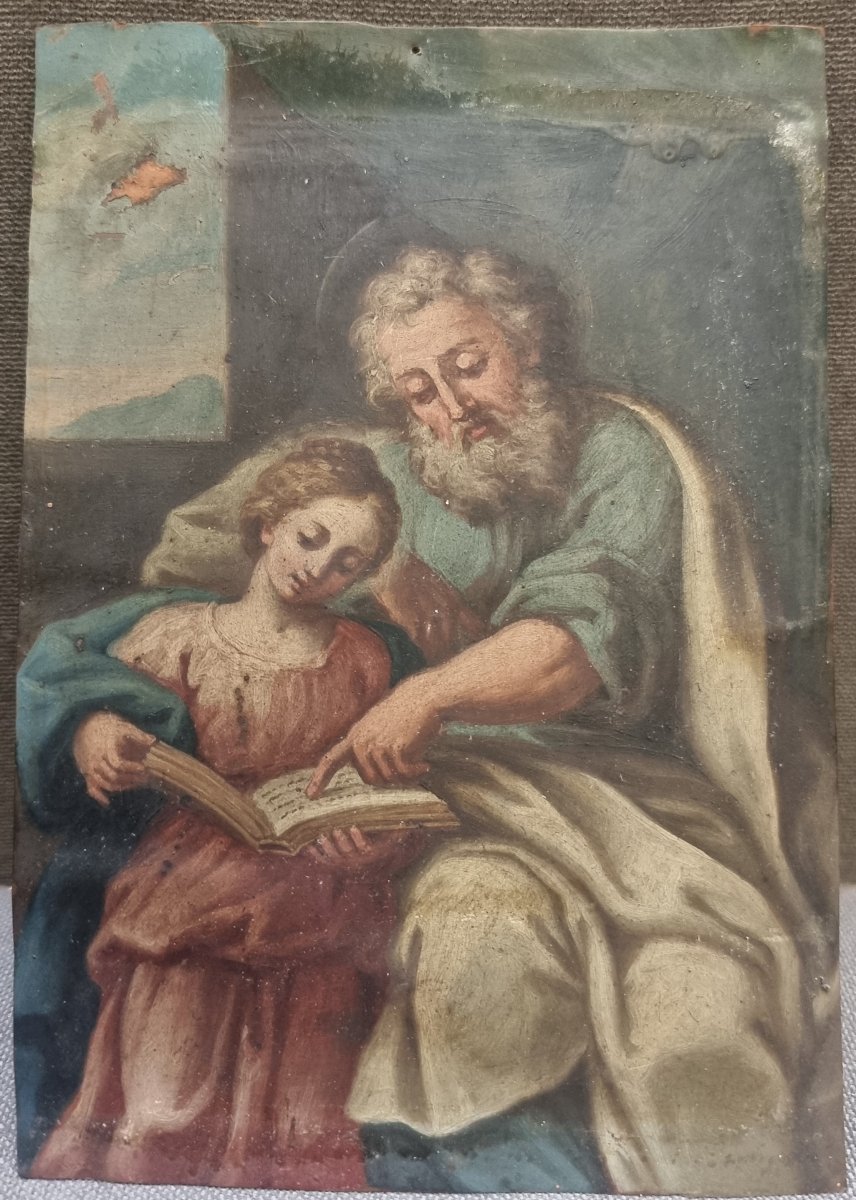 Peinture Huile sur Cuivre - Saint Joseph et l'Enfant Jésus – Italie - Début du XVIIIe siècle