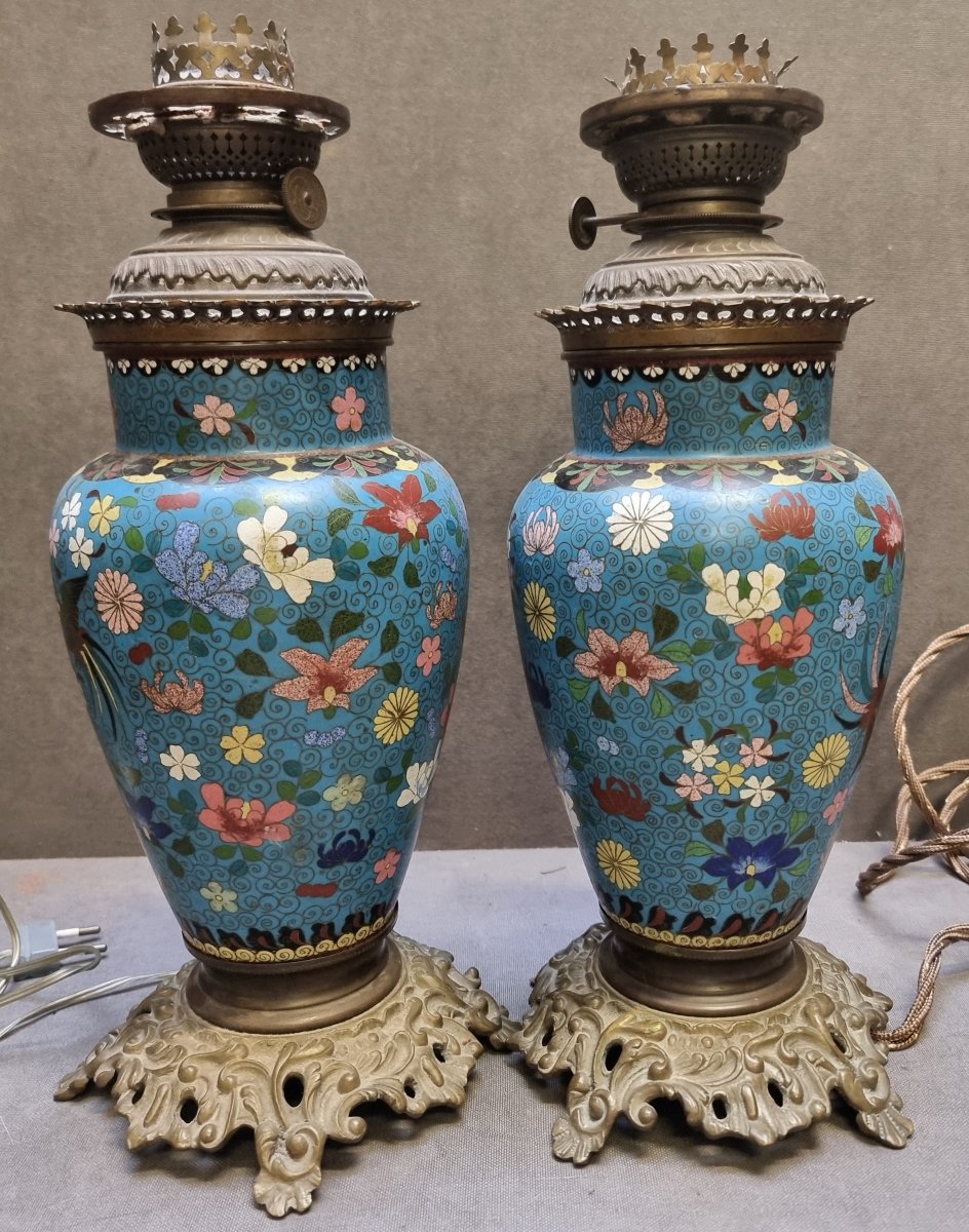 Paire de lampes de table en cloisonné et bronze – France, époque Napoléon III – XIXe siècle-photo-2