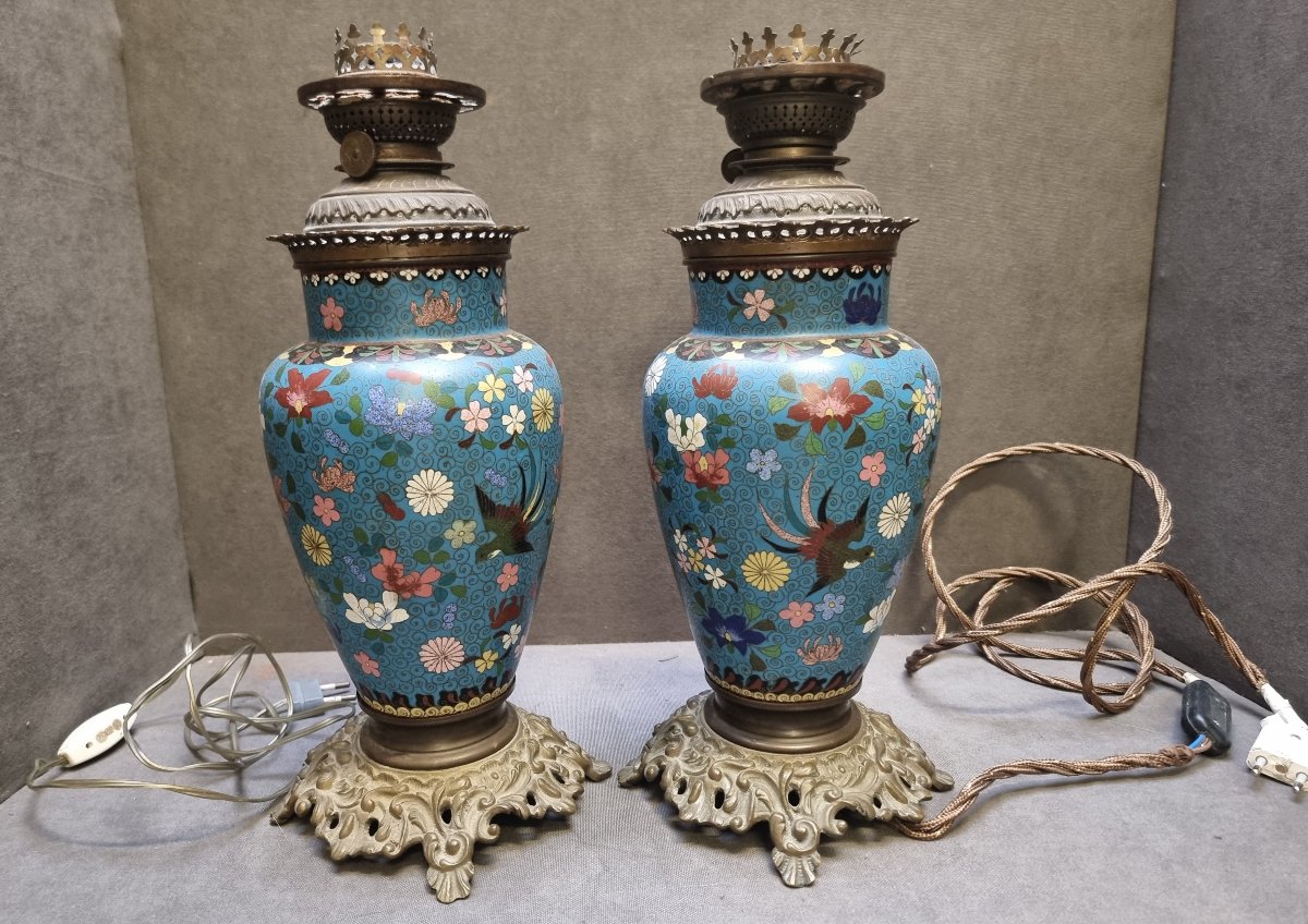 Paire de lampes de table en cloisonné et bronze – France, époque Napoléon III – XIXe siècle-photo-3