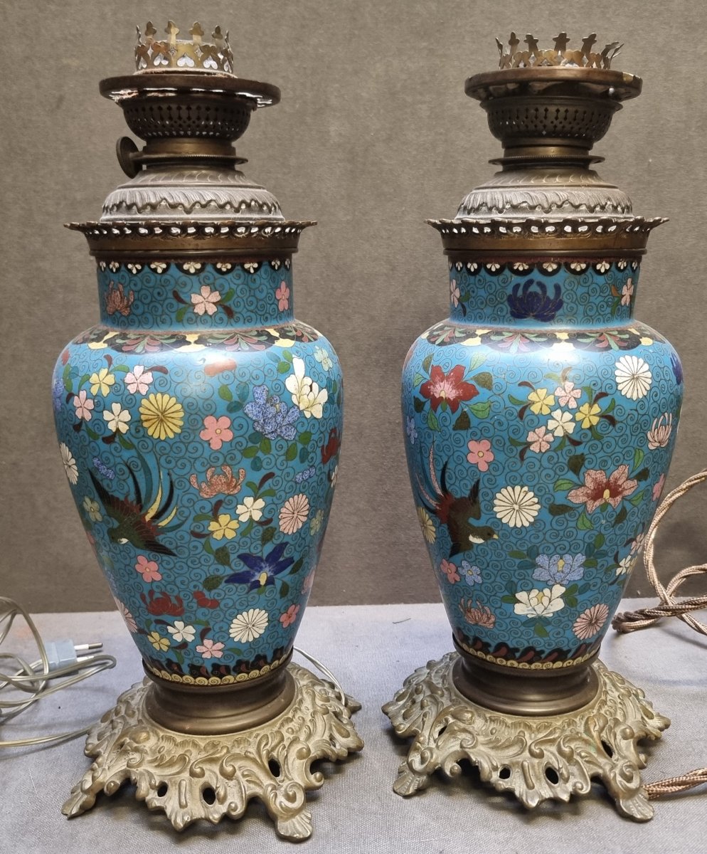 Paire de lampes de table en cloisonné et bronze – France, époque Napoléon III – XIXe siècle-photo-4