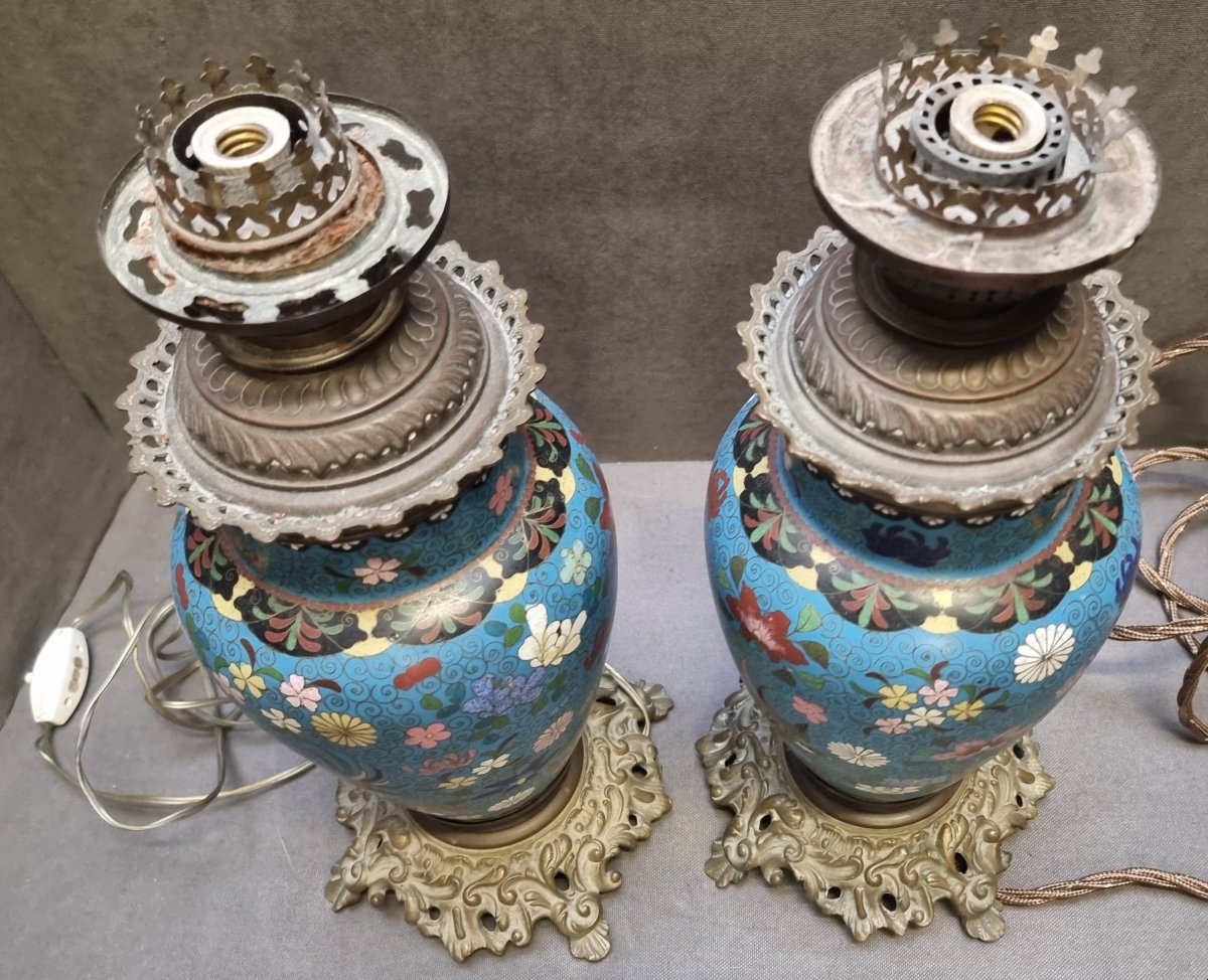 Paire de lampes de table en cloisonné et bronze – France, époque Napoléon III – XIXe siècle-photo-1