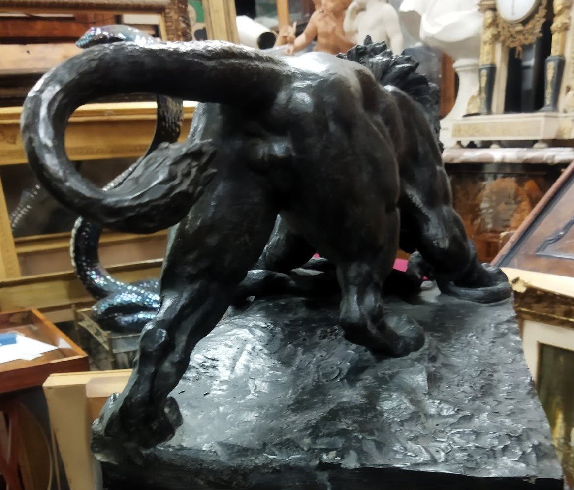 Bronze Sculpture On A Marble Base - Lion Fighting A Snake - Second Half Of The 19th Century-photo-4