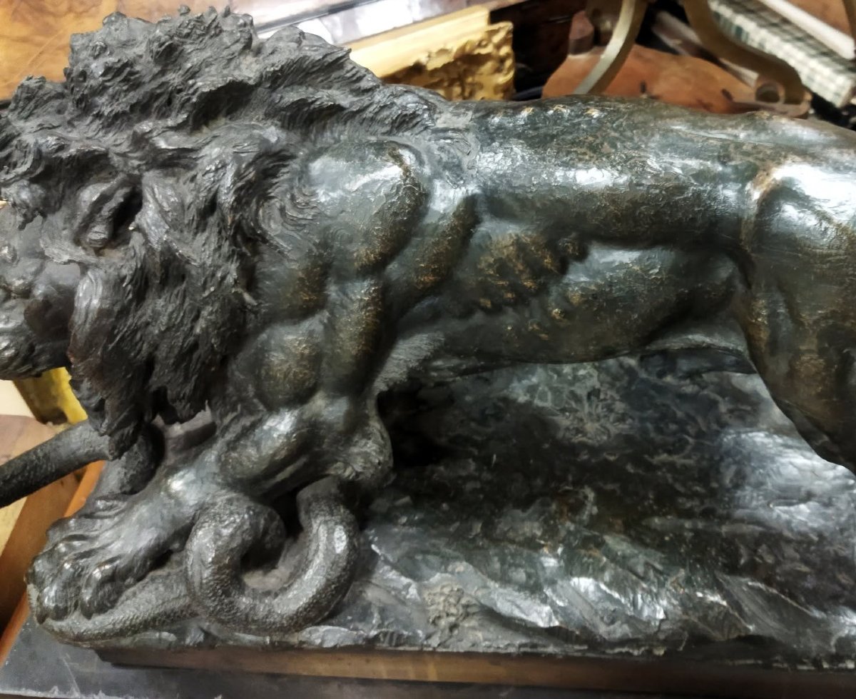 Bronze Sculpture On A Marble Base - Lion Fighting A Snake - Second Half Of The 19th Century-photo-4