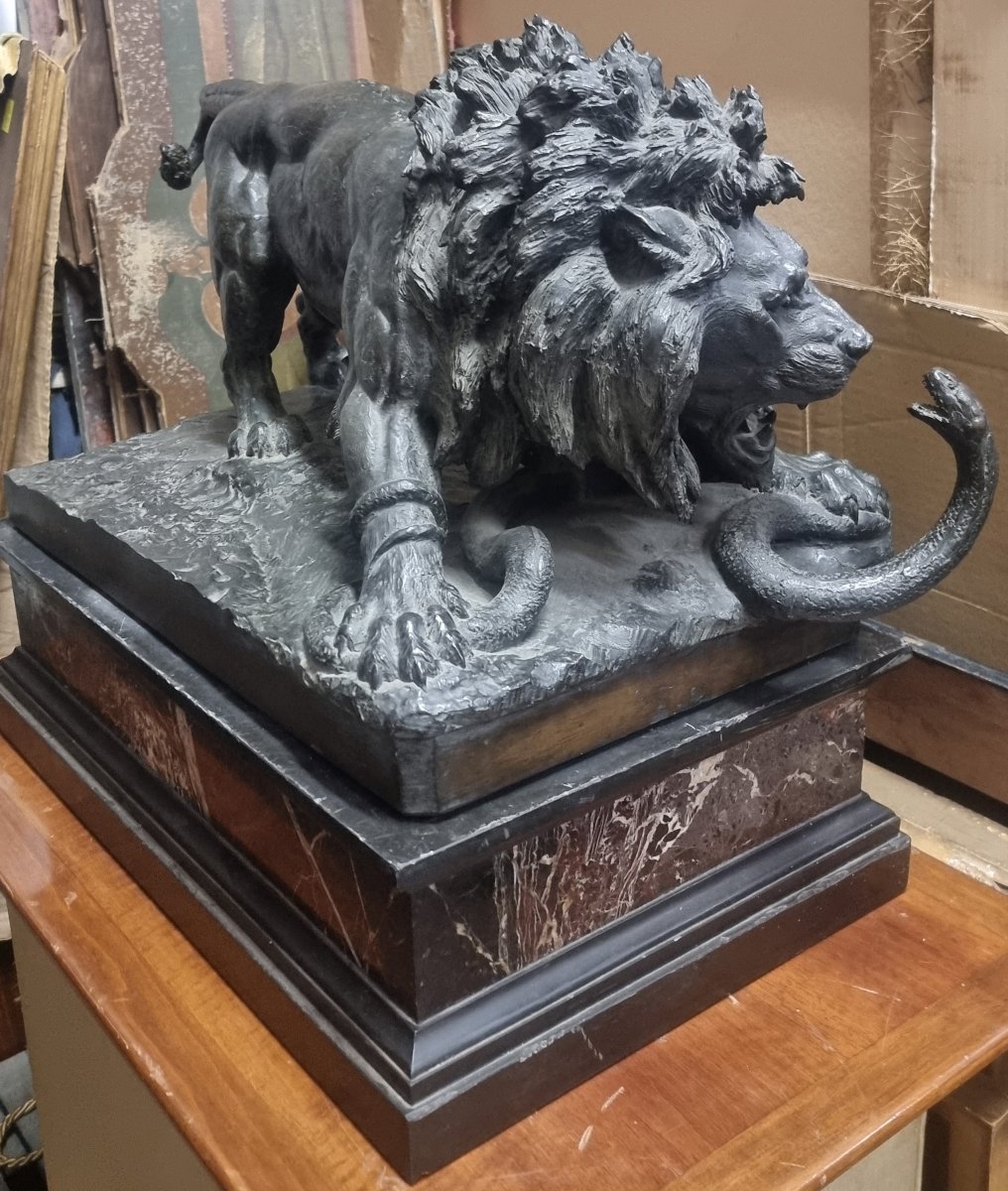 Bronze Sculpture On A Marble Base - Lion Fighting A Snake - Second Half Of The 19th Century-photo-5