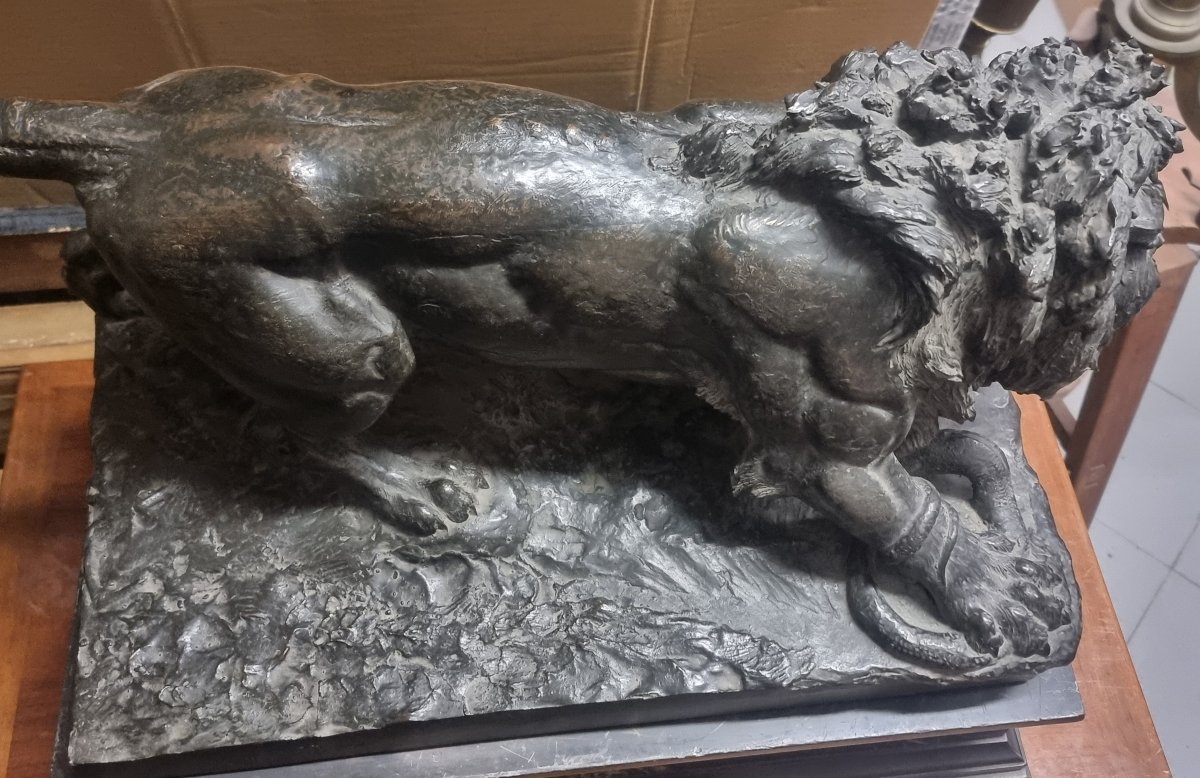 Bronze Sculpture On A Marble Base - Lion Fighting A Snake - Second Half Of The 19th Century-photo-6