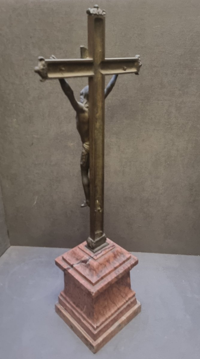 Bronze Crucifix On A Marble Base - Rome, Early 19th Century-photo-1