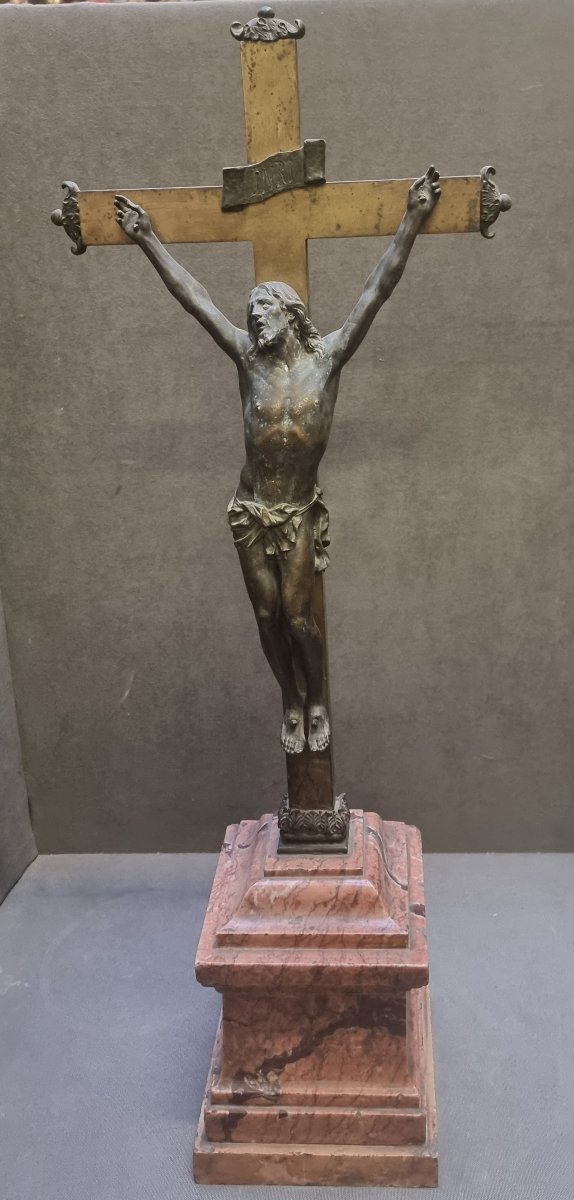 Bronze Crucifix On A Marble Base - Rome, Early 19th Century