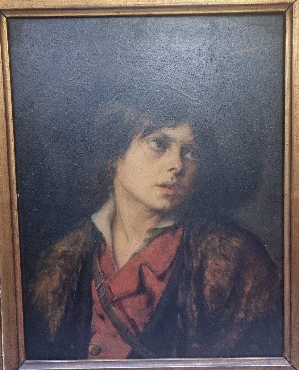 Peinture à l'huile sur panneau d'acajou – Portrait de garçon « Triste exilé » par Léon Herbo -photo-2
