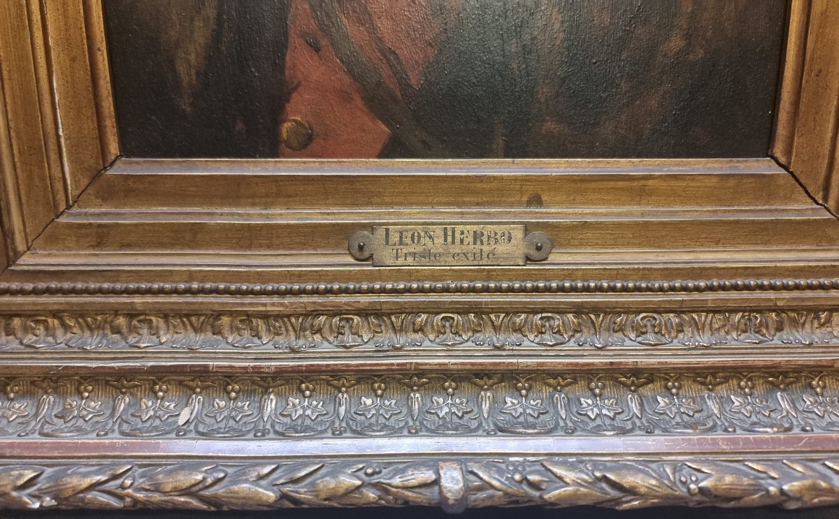 Peinture à l'huile sur panneau d'acajou – Portrait de garçon « Triste exilé » par Léon Herbo -photo-3