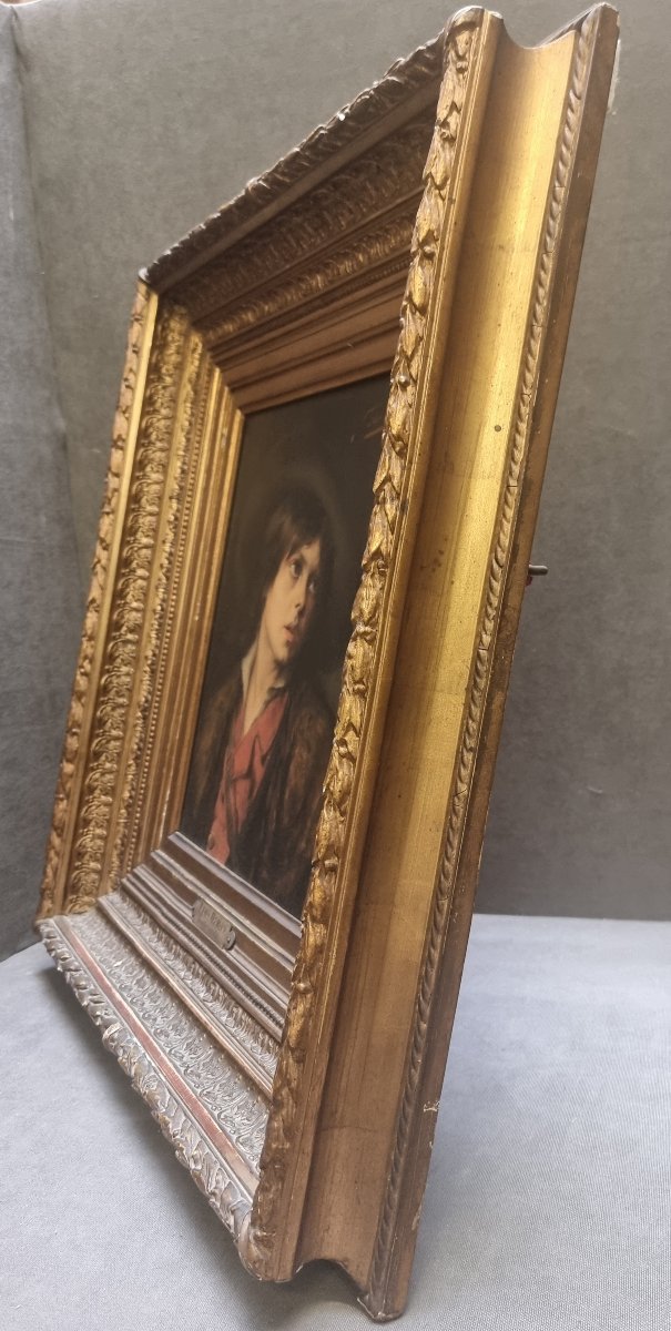 Peinture à l'huile sur panneau d'acajou – Portrait de garçon « Triste exilé » par Léon Herbo -photo-2
