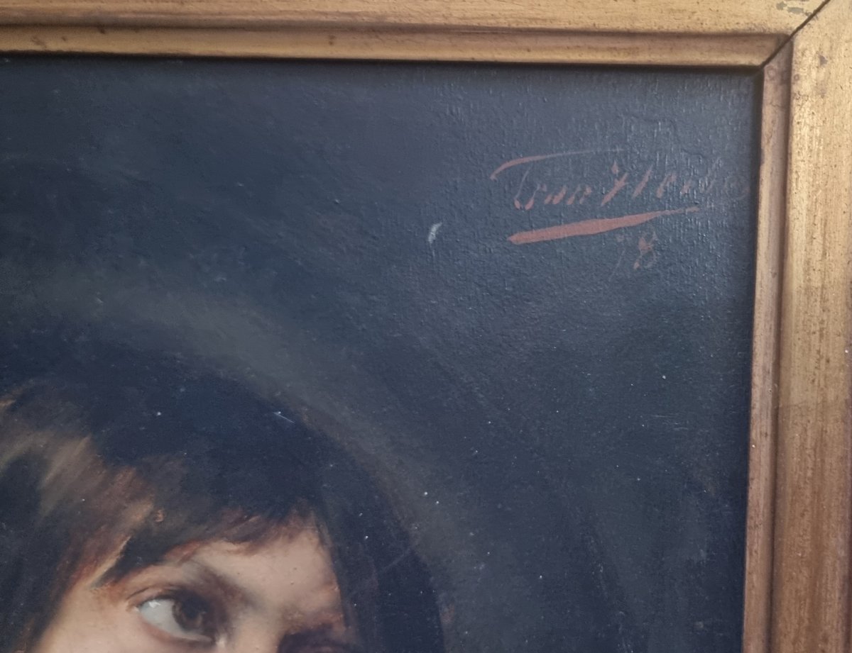 Peinture à l'huile sur panneau d'acajou – Portrait de garçon « Triste exilé » par Léon Herbo -photo-3