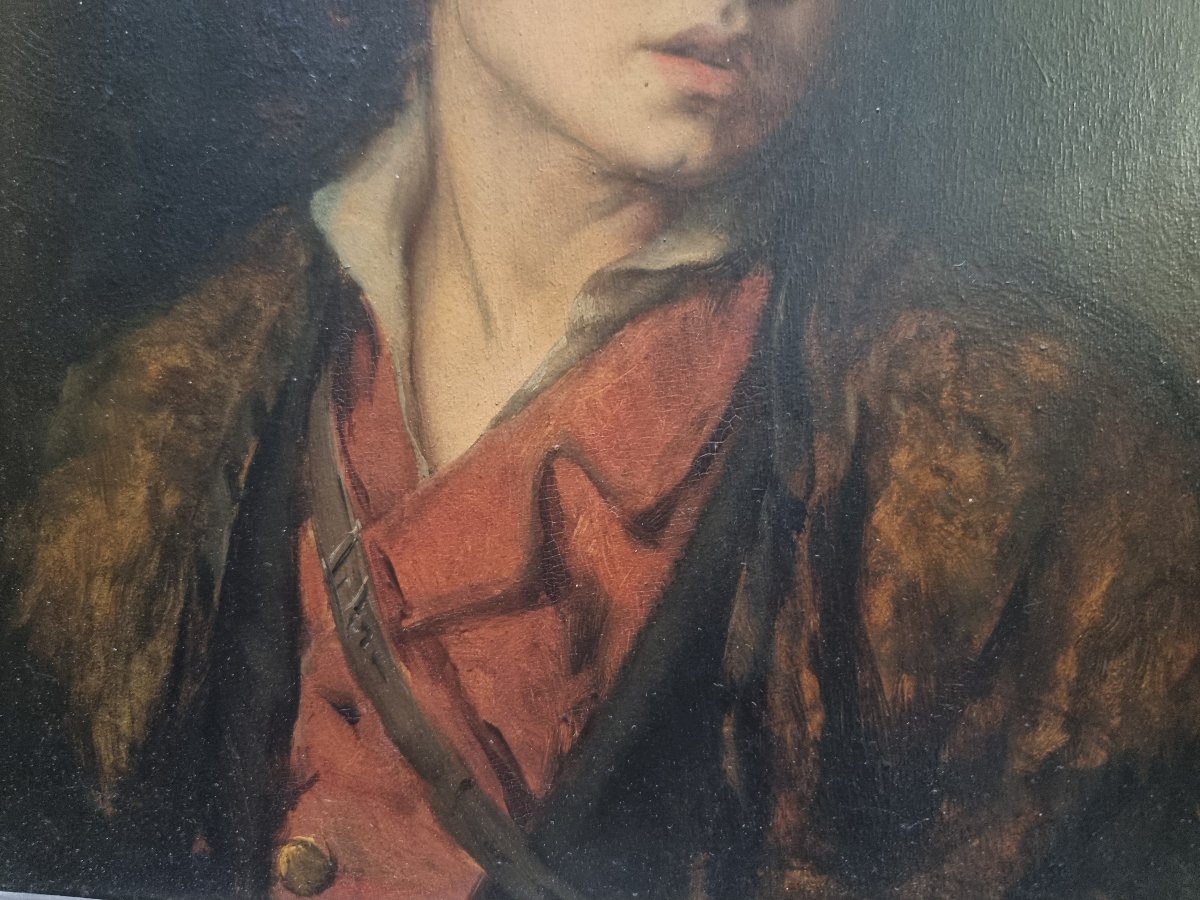 Peinture à l'huile sur panneau d'acajou – Portrait de garçon « Triste exilé » par Léon Herbo -photo-4